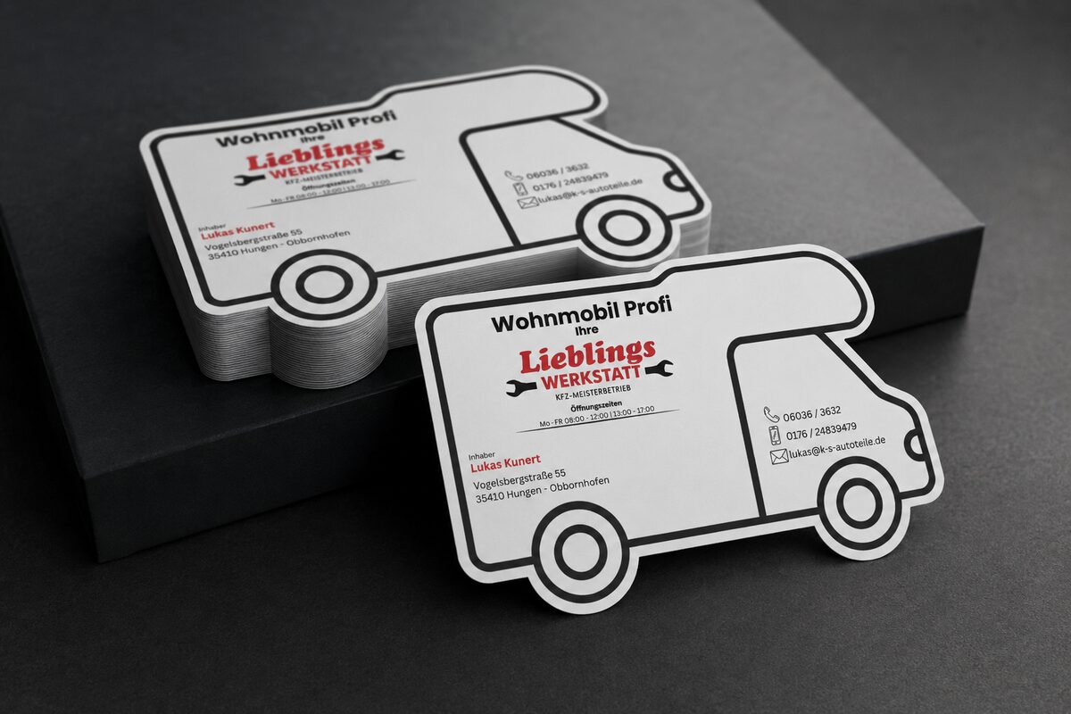 Visitenkarten in Wohnmobil-Form für die Lieblingswerkstatt