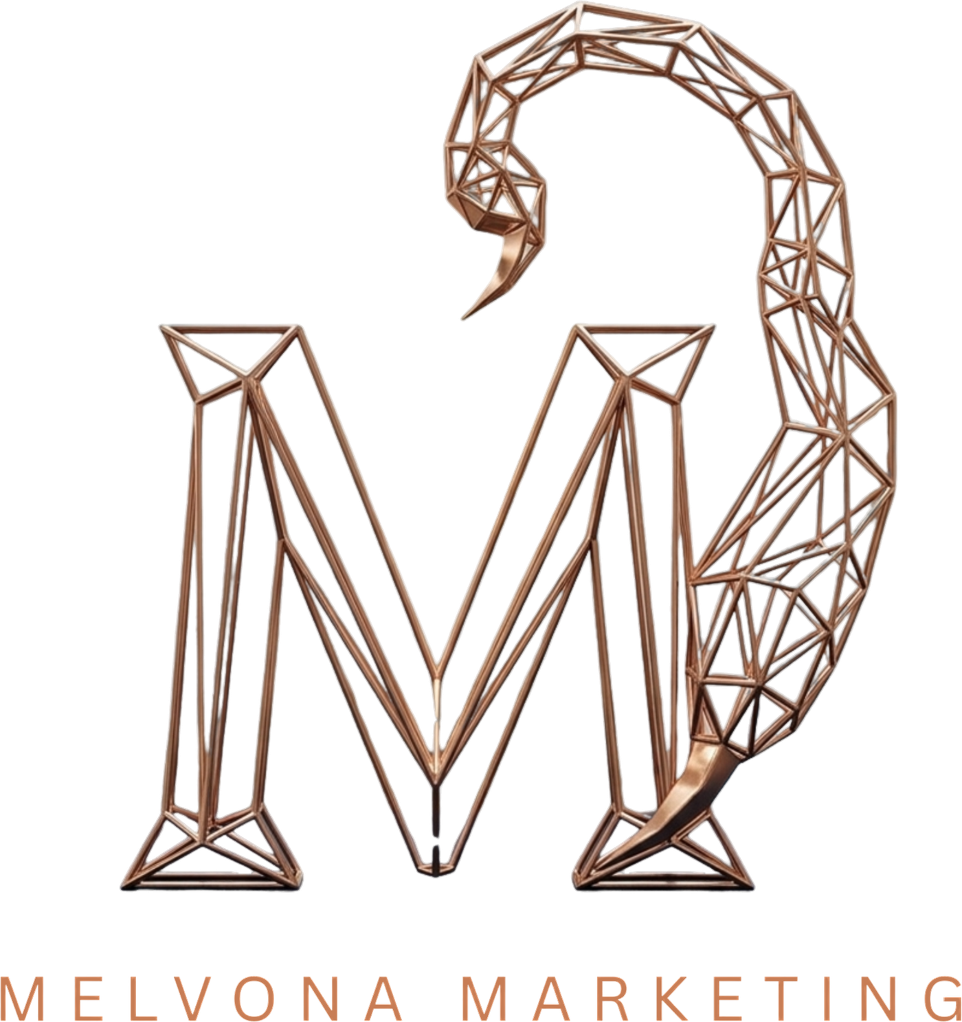 Melvona Marketing Logo — geometrisches M mit Skorpion-Stachel in Kupfer