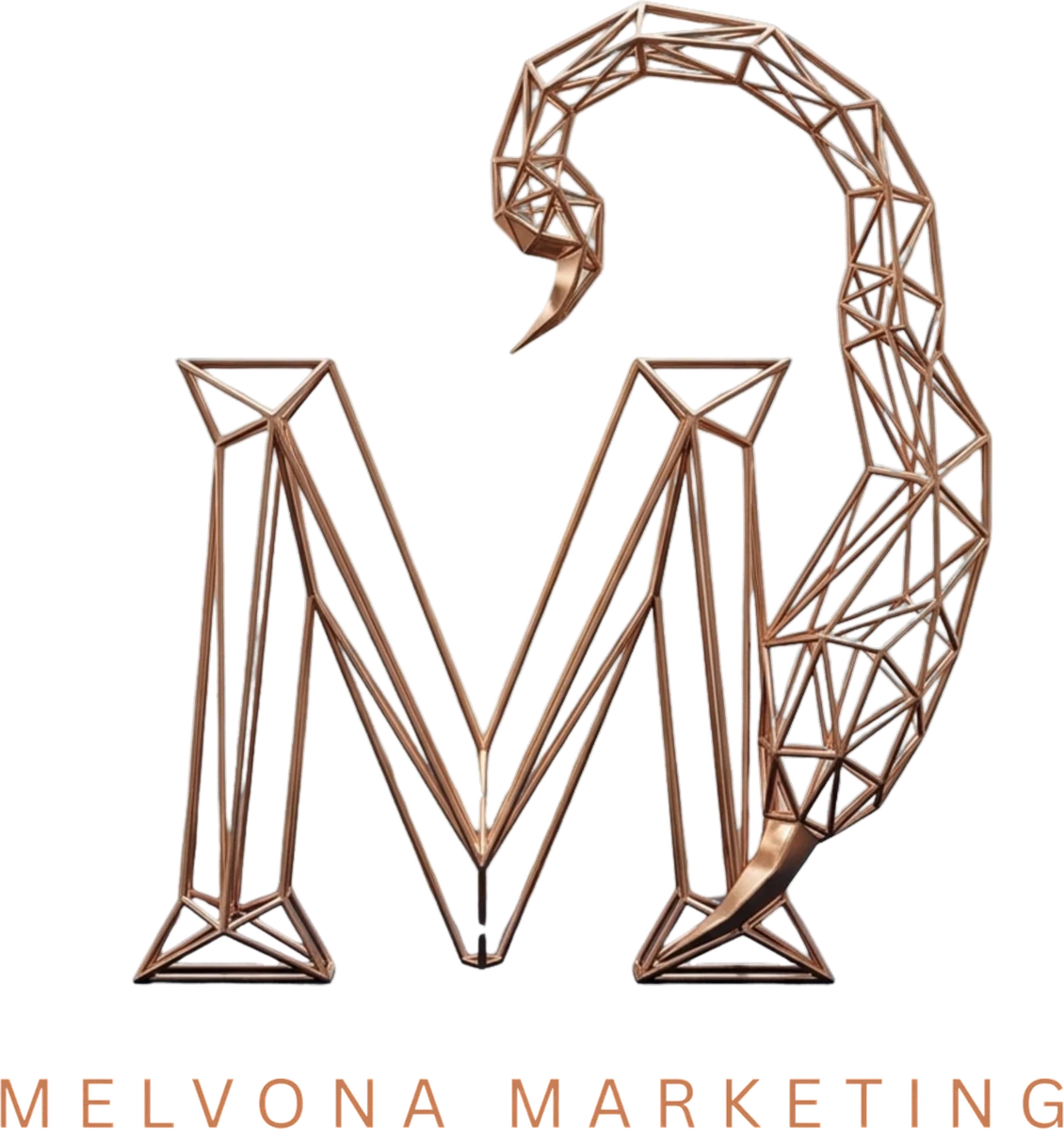 Melvona Marketing Logo — geometrisches M mit Skorpion-Stachel in Kupfer