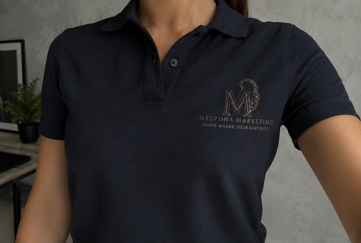 Kupferfarbenes Melvona-Logo auf dunkelblauem Poloshirt